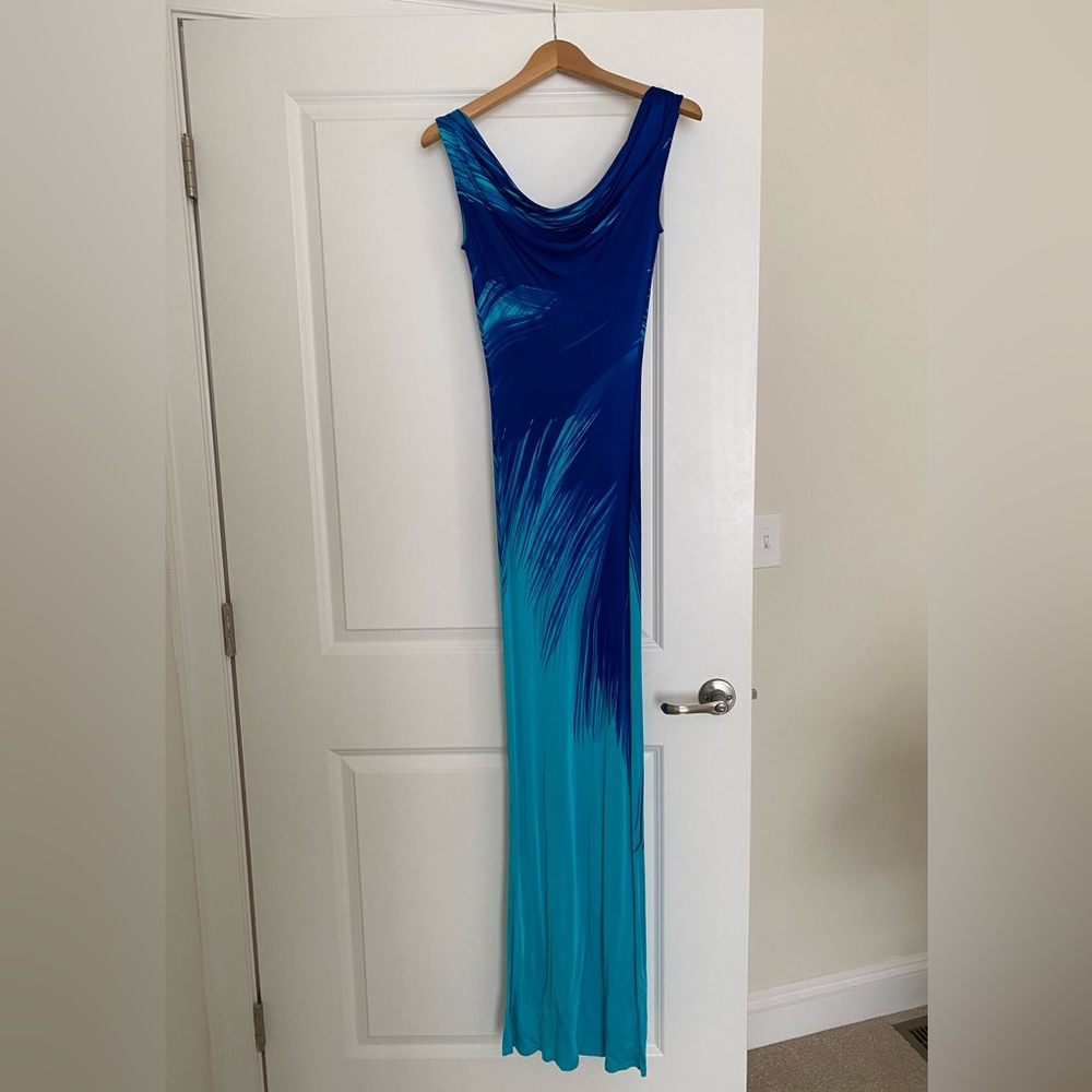 Blue and Green Satin L.K. Bennett Floor Length Column Dress in Size 2 - Picture 2 of 5